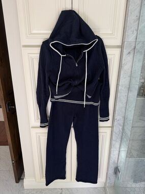 Frankie’s Bikinis Navy Knit Hooded Zip Sweater & Pants Set with White Trim